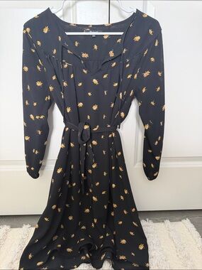 Madewell Black Mini Dress with Gold Floral Print and Tie Waist